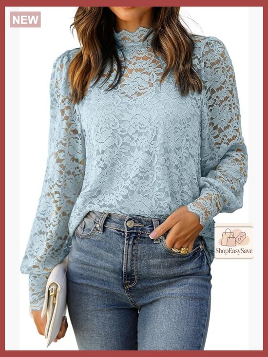 Tops - Sheer Lace Long Sleeve Blouse Set Elegant Feminine Vintage Chic Dressy Casual